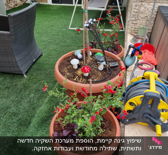 עציצים עם פרחים וכלי גינון על דשא סינתטי